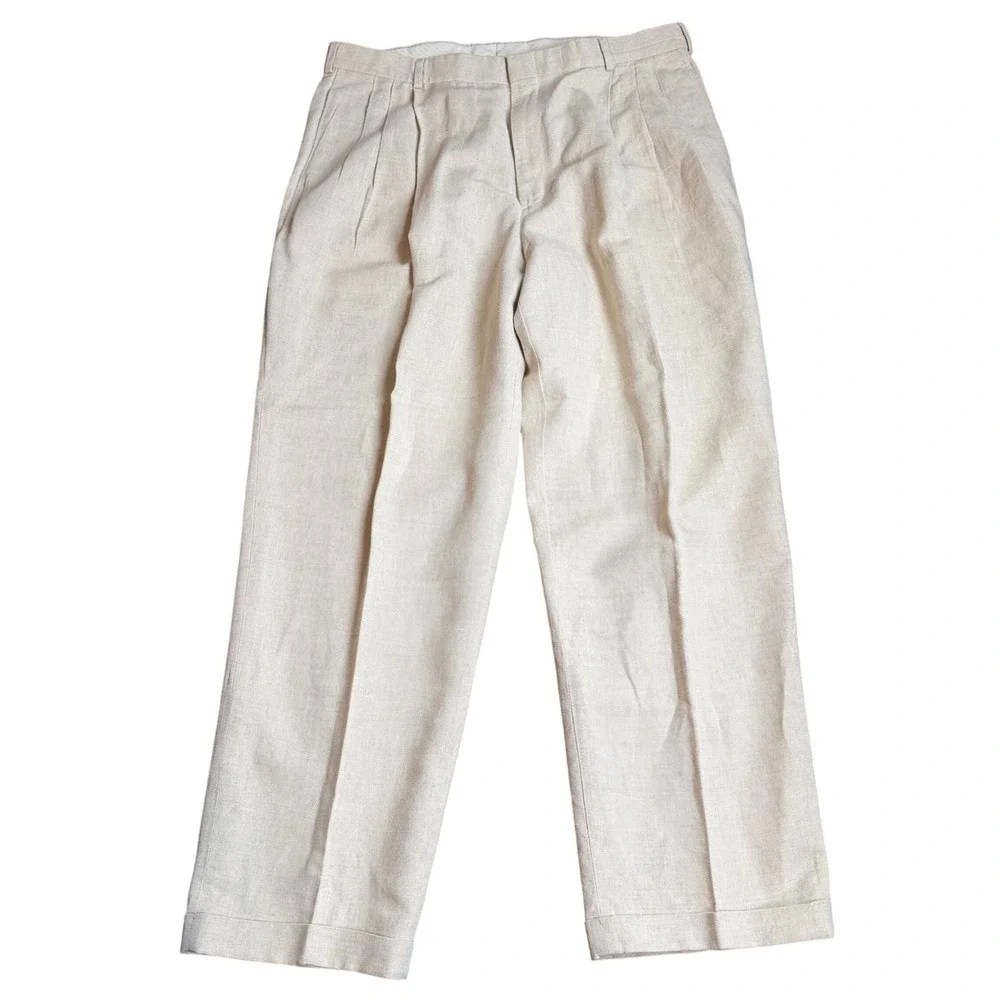 Dockers Dress Slacks Mens 38x30 Beige Linen Cotton Pleated Cuffed Trousers
